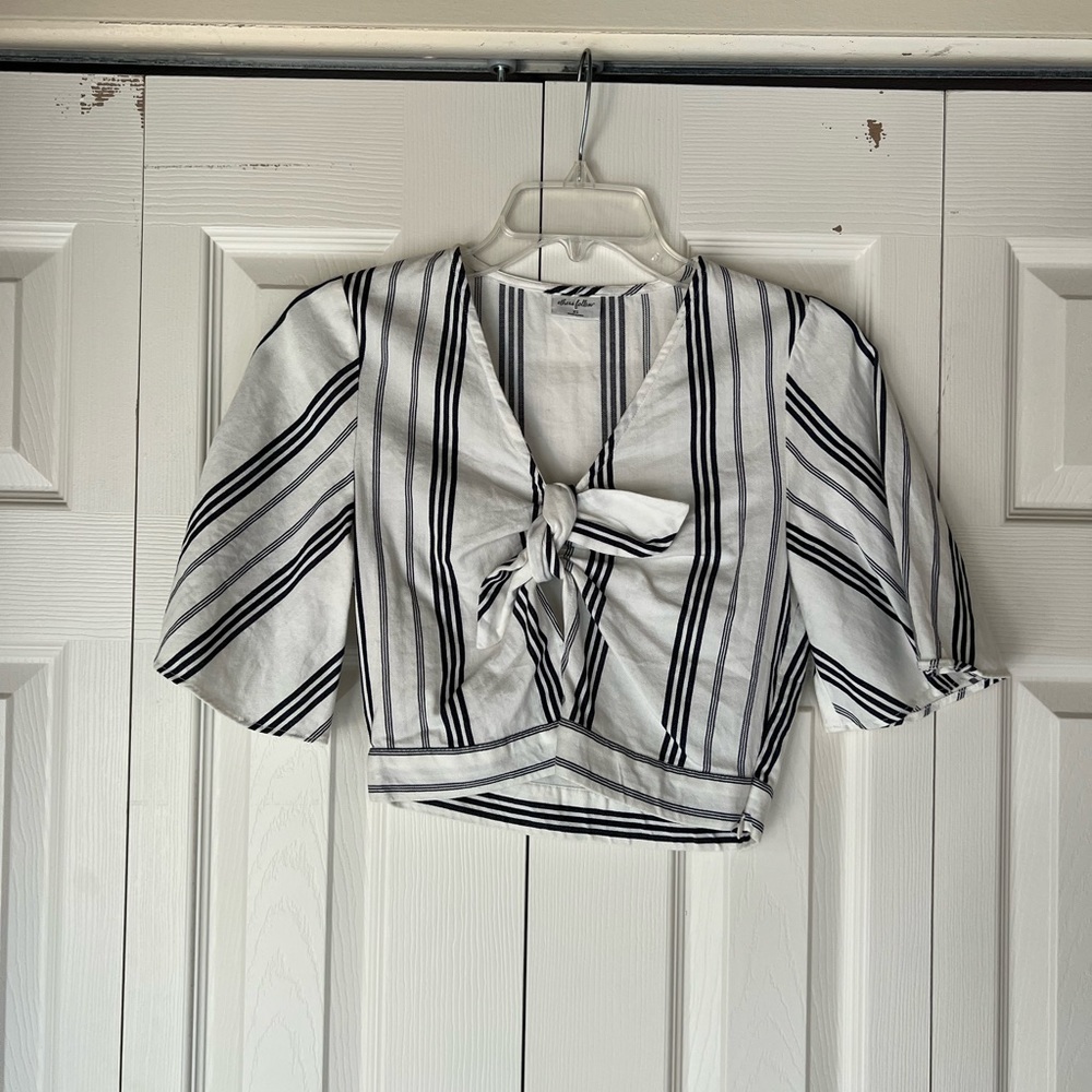 White & Navy Striped Crop Top